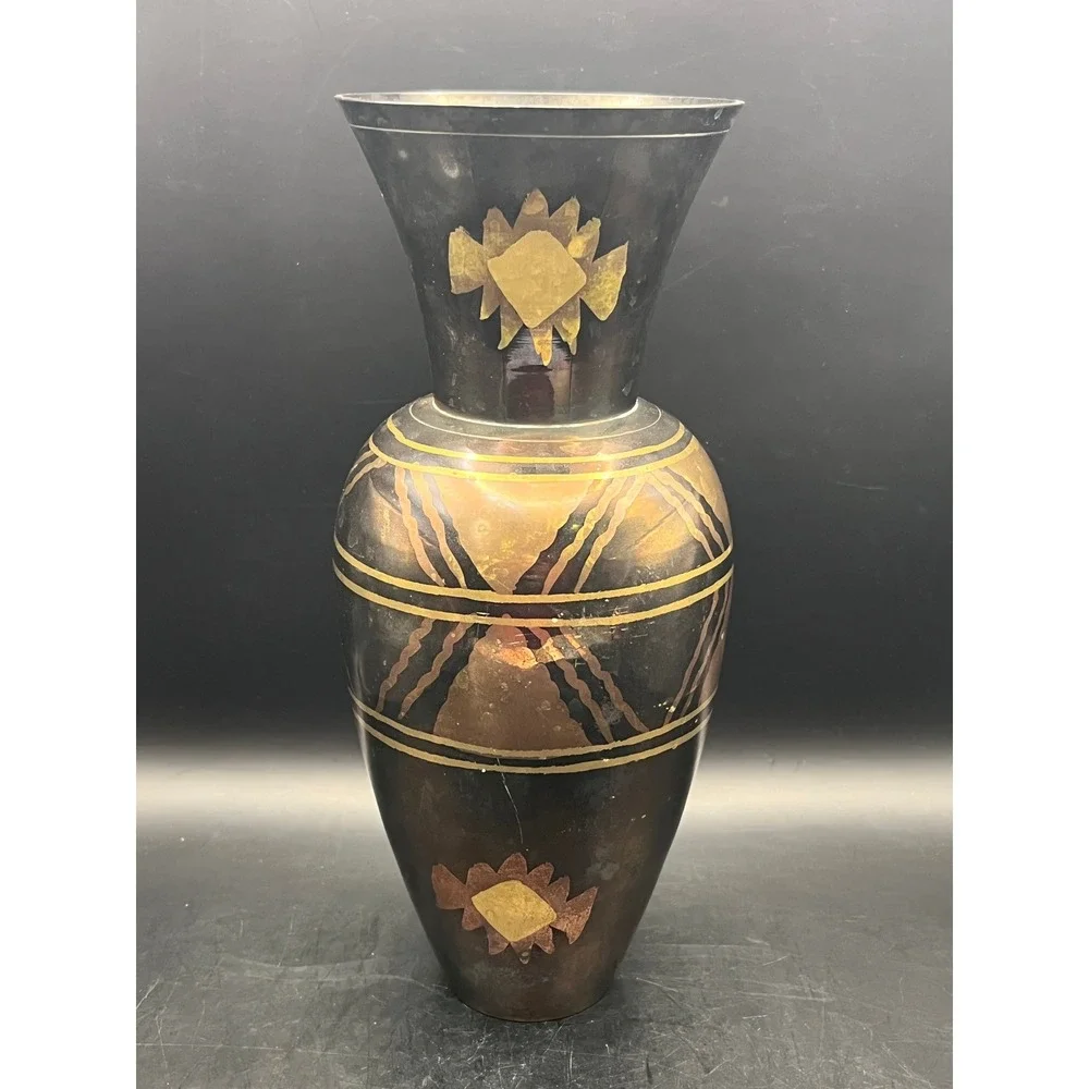 Vtg Solid Brass Black Etched Floral Geometric Vase Art Deco Style Decorative 10
